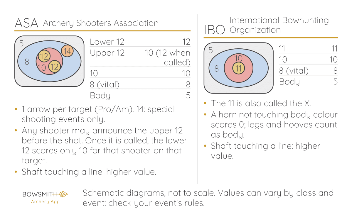 Side 1 of the 3D scoring pocket card: ASA and IBO ring diagrams, zone values and rules